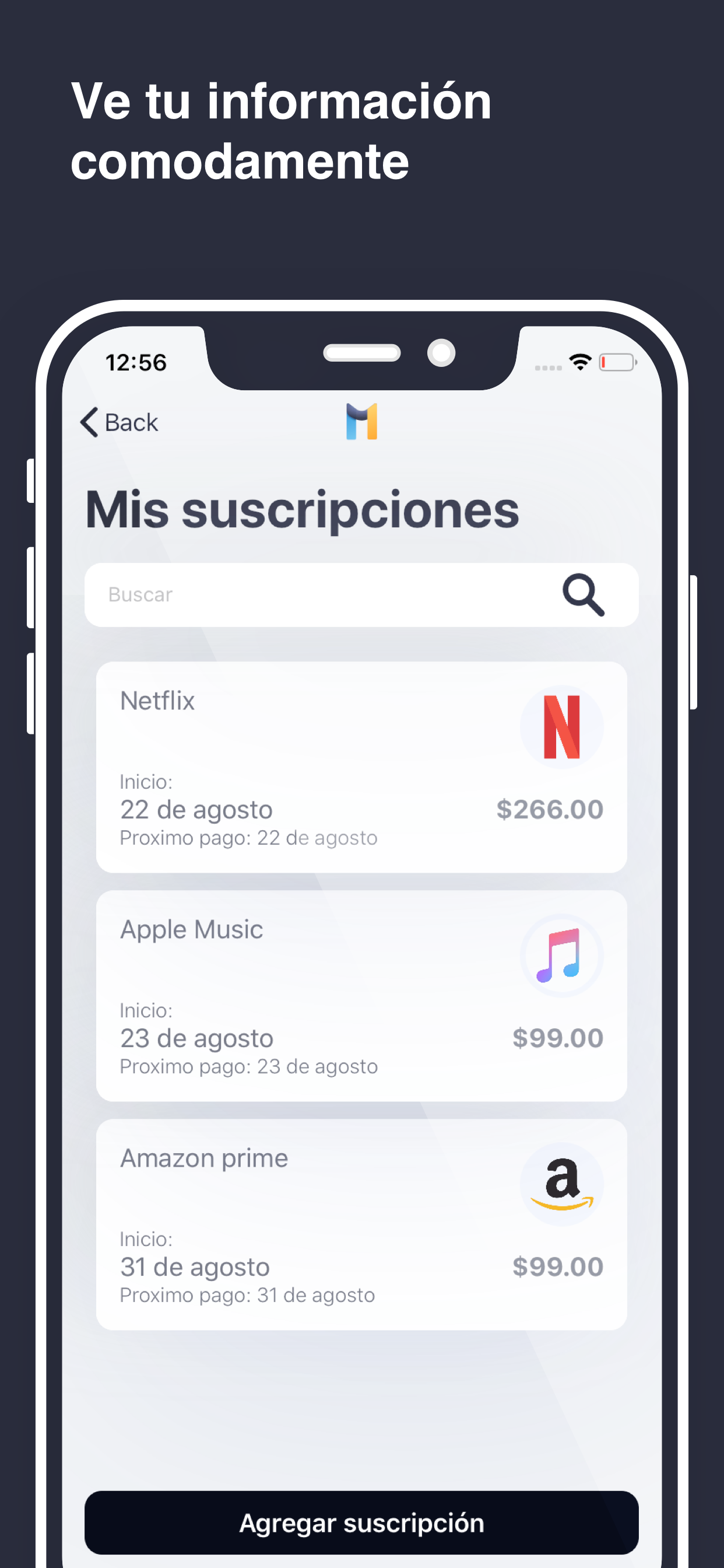 Pantalla de confirmación al agregar una suscripción en Mysu